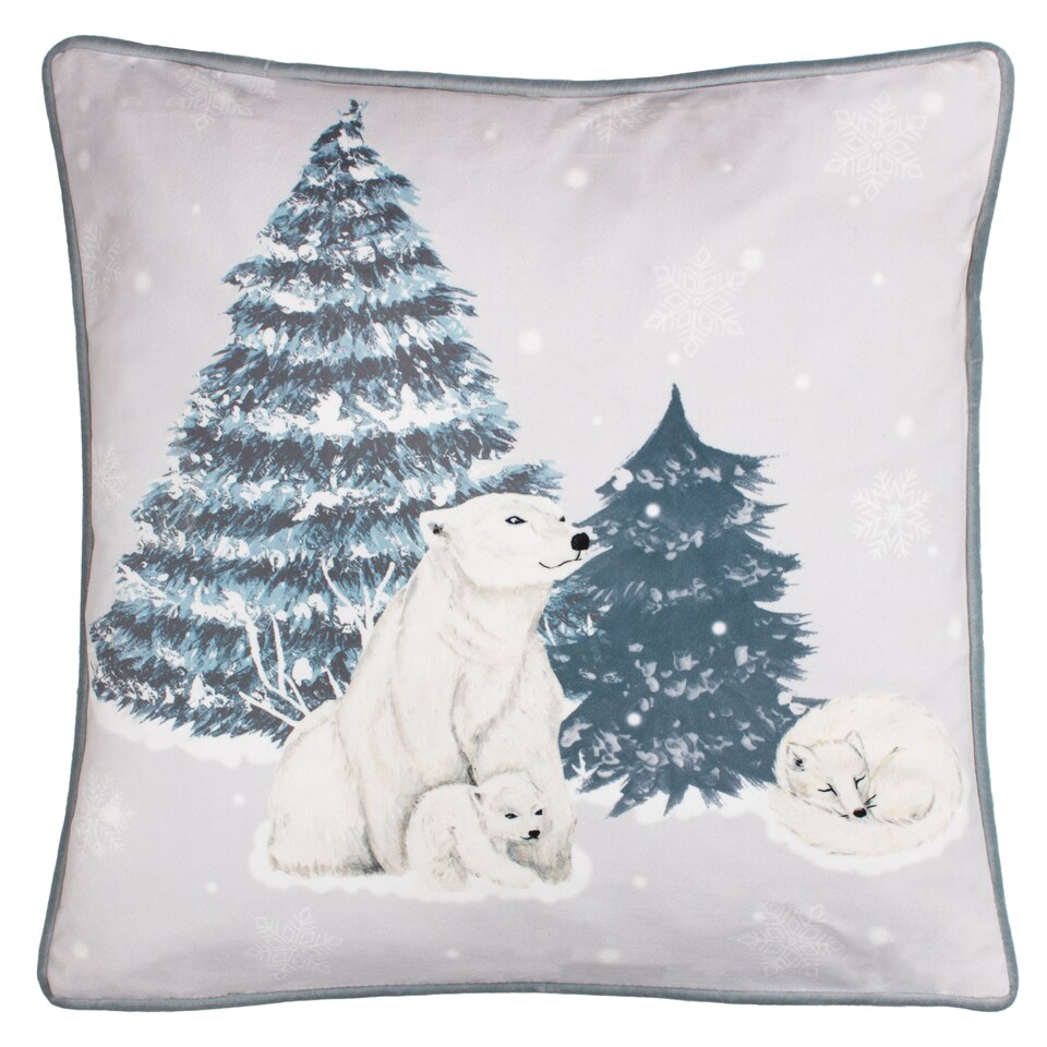 image 1 of Furn Arcticus Polar Bear Fleece Christmas Cushion, Blue, 45 x 45cm