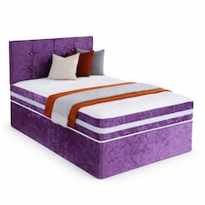 4ft Small Double Purple Crushed Velvet Divan Bed Set Orthopaedic Mattress with Cube Headboard 4 Drawers