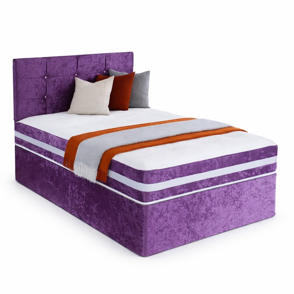 image 1 of 4ft Small Double Purple Crushed Velvet Divan Bed Set Orthopaedic Mattress with Cube Headboard 4 Drawers
