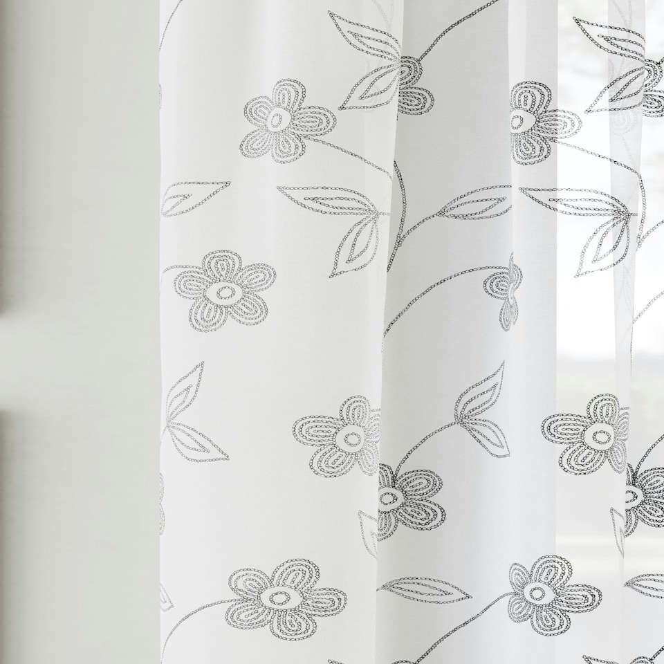 image 1 of Pair of Sienna Grey Floral Trail Embroidery Voile Panels 137 cm (54 inch) Rod Pocket Panels for Bedroom and Living Room
