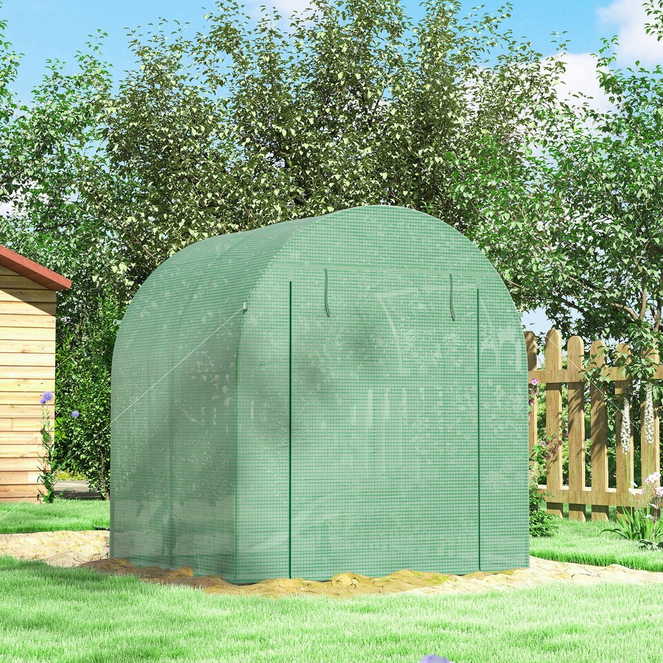 image 1 of Outsunny Walk in Polytunnel Greenhouse with Roll-up Window and Door, Green