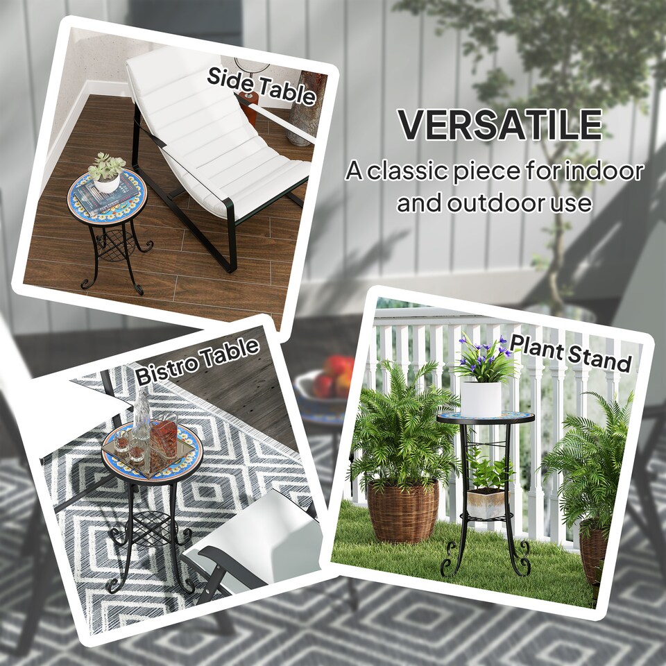 image 1 of Outsunny Mosaic Garden Table, 35.5 cm Round Outdoor Table with Shelf, Ceramic Tile Top, Small Garden Side Table Bistro Table End Table Plant Stand for Indoor, Patio, Balcony, Blue | Blue | Blue