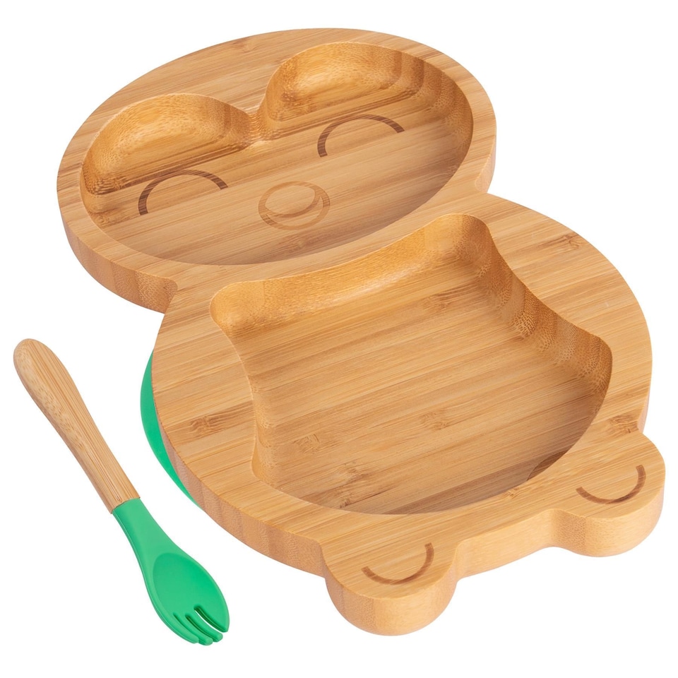 image 1 of Tiny Dining Bamboo Penguin Baby Weaning Plate & Fork Set - Green