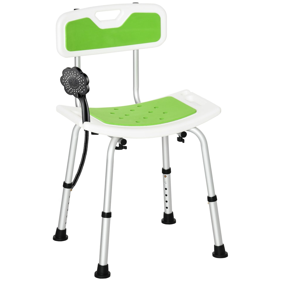 image 1 of HOMCOM Shower Chair for the Elderly and Disabled, 6-Level Height Adjustable Shower Stool with Backrest, Curved Seat, Anti-slip Foot Pads and Shower Head Holder, Green