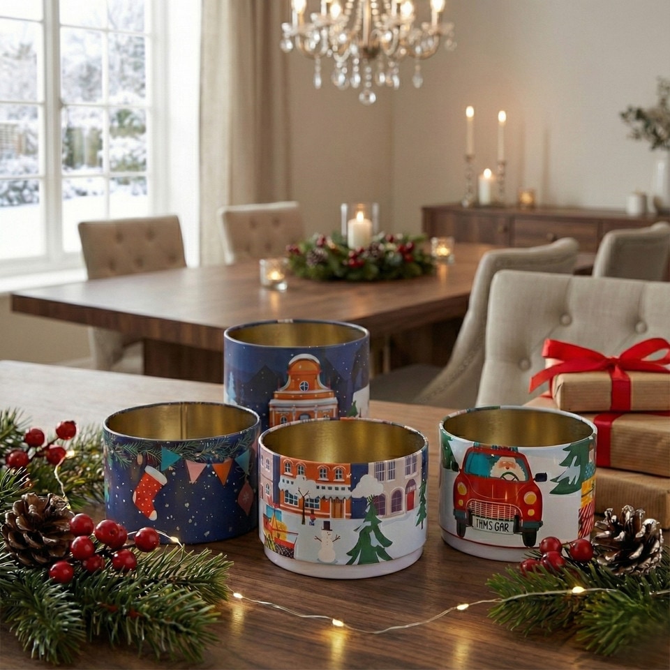 image 1 of Christmas Metal Storage Mini Tins Set Nesting Stacking Containers Festive Design | Multi | Blue