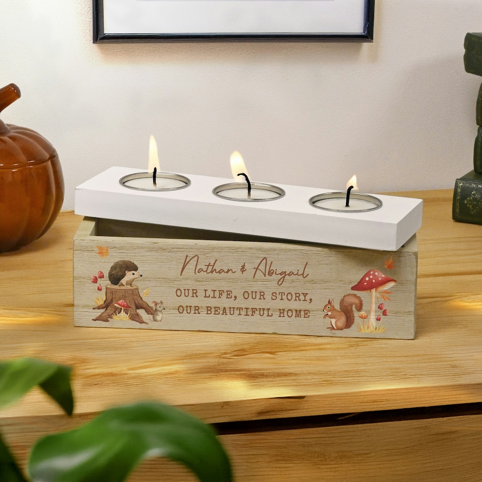 image 1 of Personalised Autumn Triple Tea Light Box | Grey