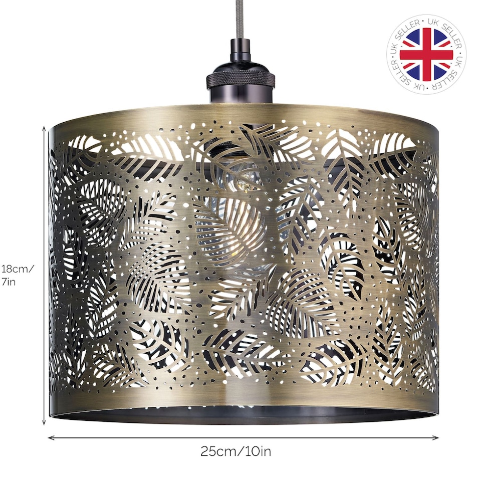 image 1 of Contemporary Antique Brass Metal Pendant Light Shade with Fern Leaf Decoration | Gold | Antique Brass | 1