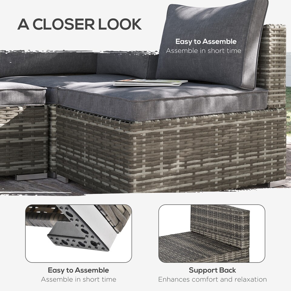 image 1 of Outsunny Armless Rattan Garden Chair, Outdoor Rattan Chair with Cushions, PE Wicker Garden Furniture with Steel Frame, Adjustable Footpads for Garden, Terrace, Deep Grey | Grey | One Size