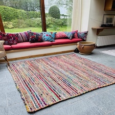 MISHRAN Square Rug with Recycled Fabric - Jute - L150 x W150 - Multicolour Multi