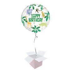 Animal Safari Happy Birthday Round Foil Helium Balloon - Inflated Balloon in a Box