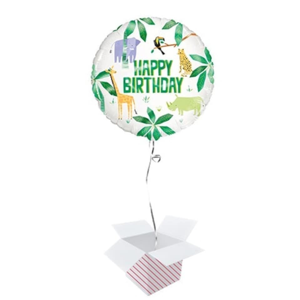 Animal Safari Happy Birthday Round Foil Helium Balloon - Inflated Balloon in a Box