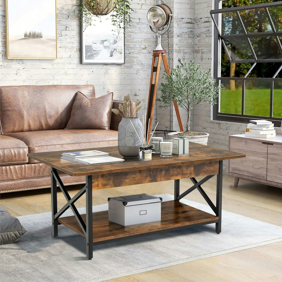 image 1 of COSTWAY 2-Tier Industrial Coffee Table with Storage Shelf | Brown