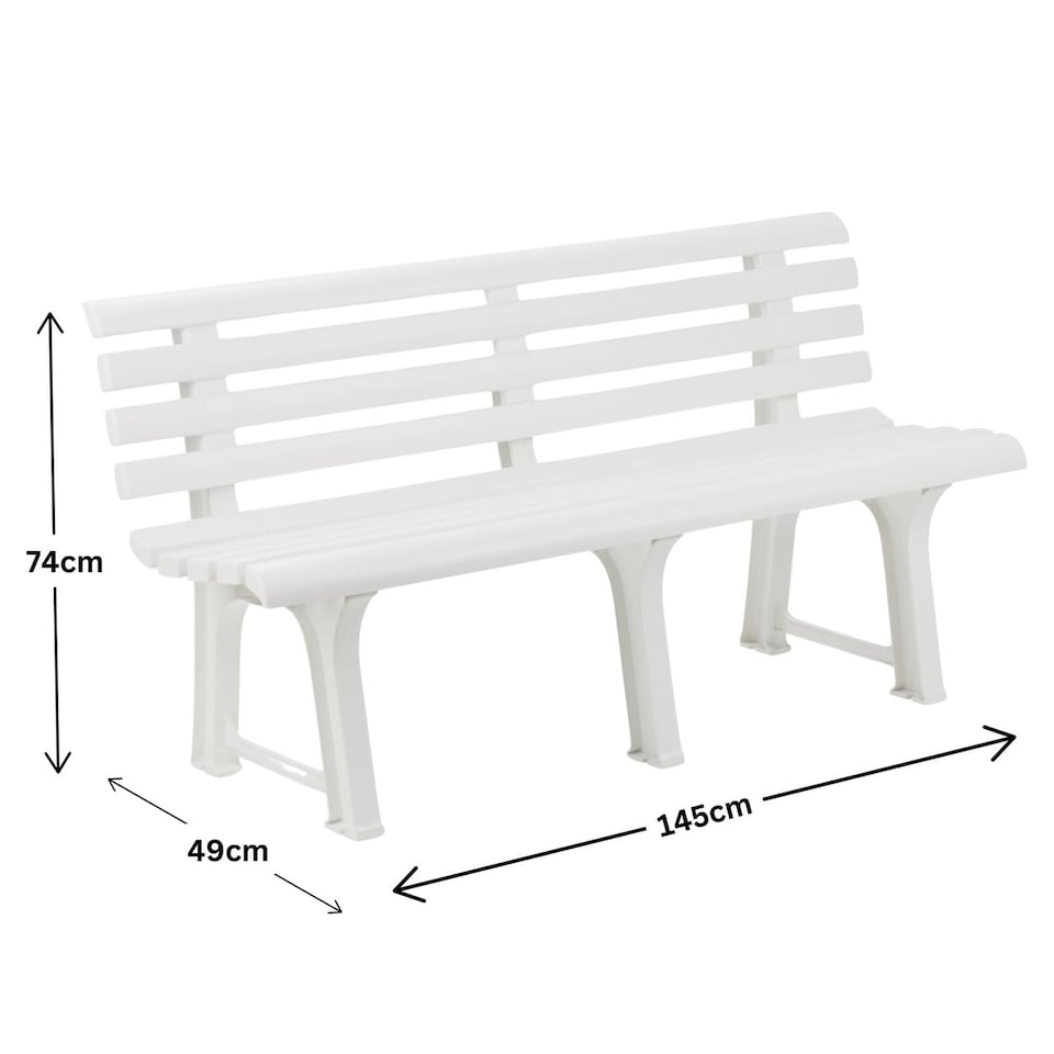 image 1 of 3-Seater Garden Outdoor Plastic Bench - 74x145x49cm | White | 1