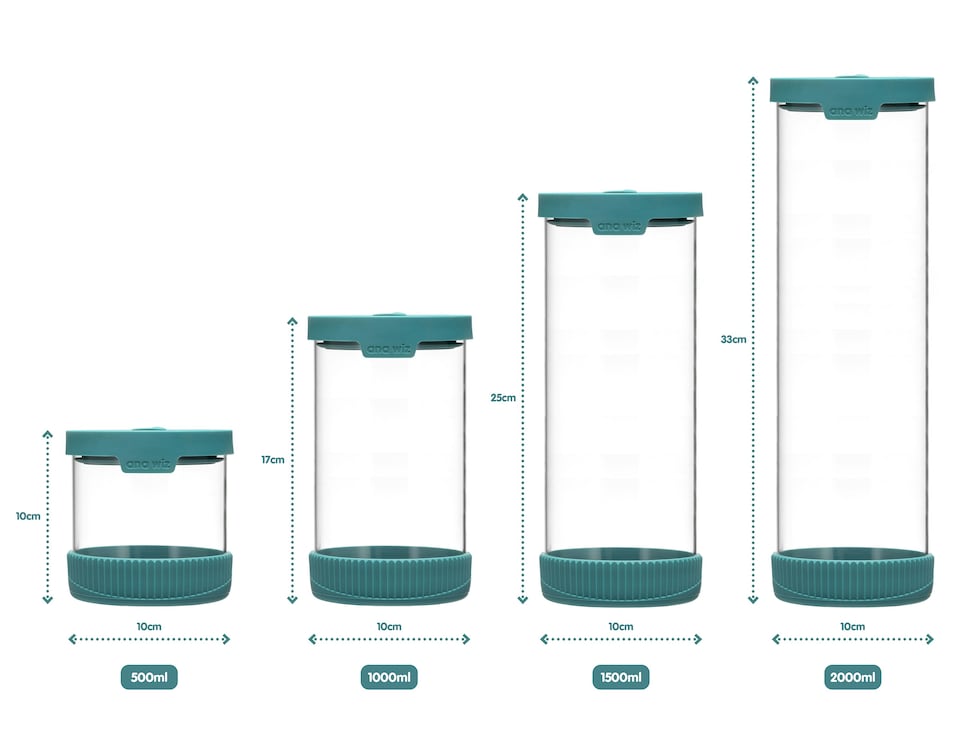 image 1 of Premium Stain Resistant Borosilicate Glass Storage Jars, With Airtight Vent & Silicone Base - Full Set (Pack of 4) / Teal