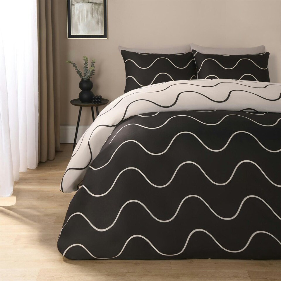 image 1 of OHS Reversible Waved Lines Print Soft Plush Duvet Cover Bedding Set, Double - Monochrome Multi | Monochrome | Double