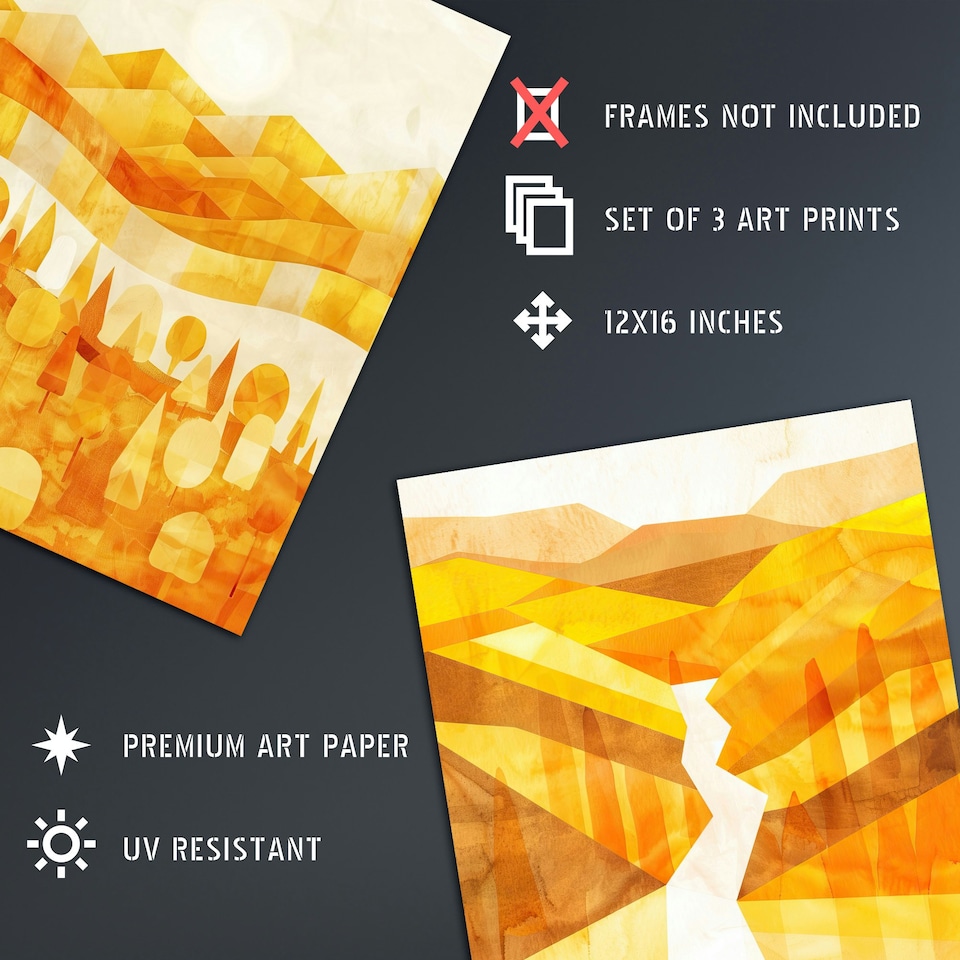 image 1 of Set of 3 Abstract Amber Gold Mountain Landscapes Living Room 12X16 Inch Wall Art Prints Pack