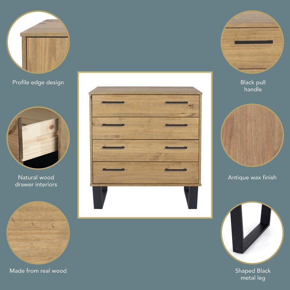 image 1 of Texas 4 Drawer Chest of Drawers - Industrial Style Pine Bedroom Storage Cabinet with Metal Legs | Brown | Brown | 1