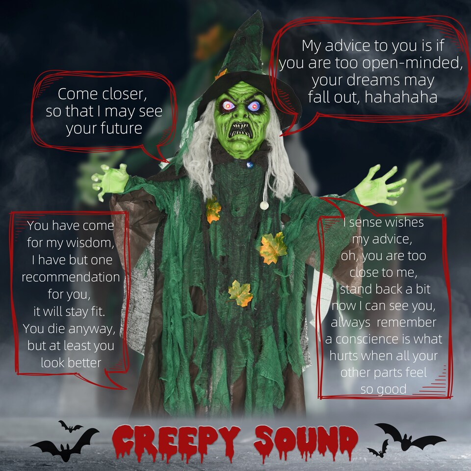 image 1 of HOMCOM 6ft Outdoor Halloween Decoration Witch, Standing Witch Prop Life Size with Sound and Motion Activated, Light Up Eyes Magical Heart, Talking Sound, Posable Arms, Moving Head