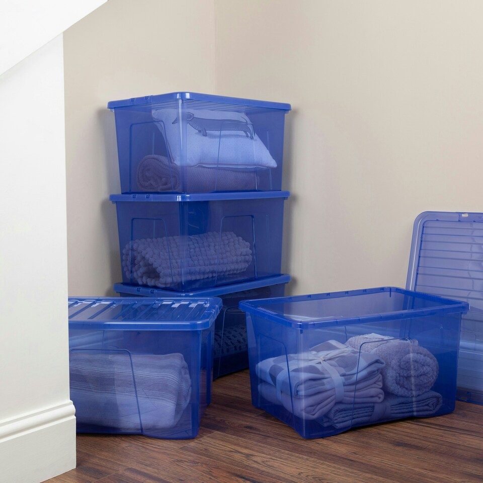 image 1 of Wham Crystal 5 x 60L Stackable Plastic Storage Boxes with Lids Blue