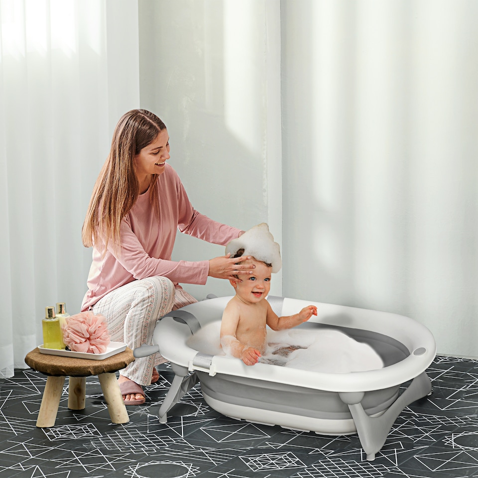 image 1 of HOMCOM Foldable Baby Bath Tub Ergonomic with Temperature-Induced Water Plug