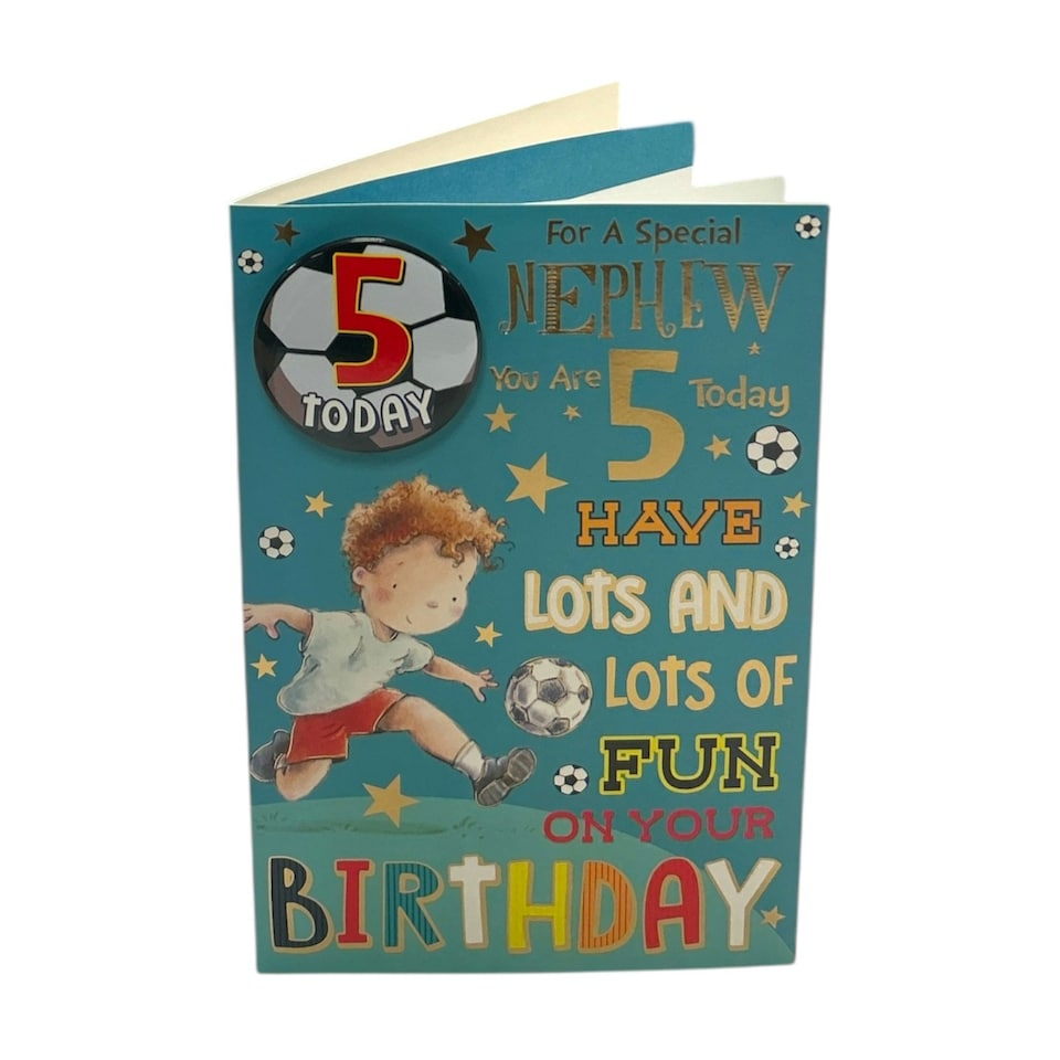image 1 of Nephew Age 5 Juvenile Boy Playing Football Birthday Card with Badge