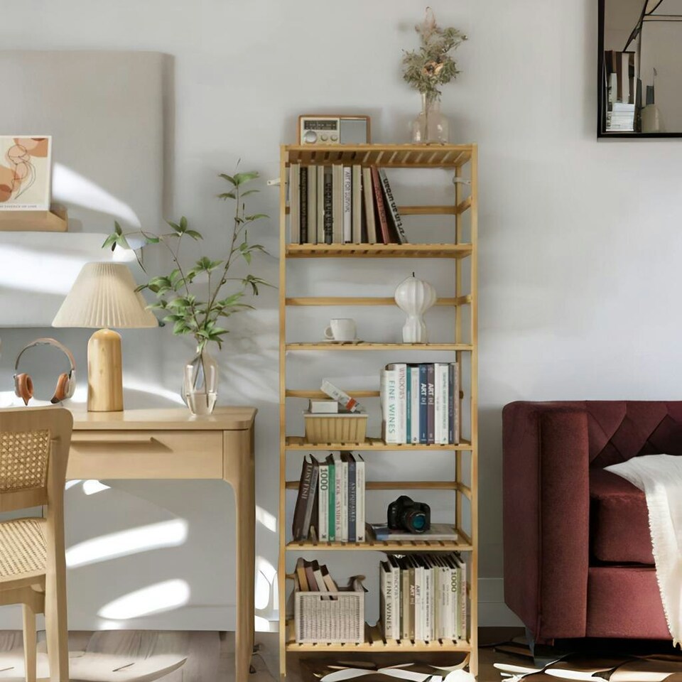 image 1 of 6 Tier Wooden Storage Rack With Adjustable Shelves Natural Brown Brown | One Size