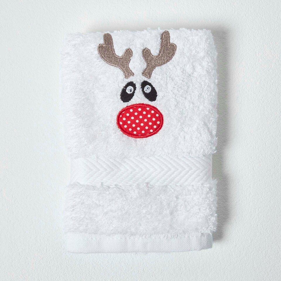 image 1 of Homescapes Reindeer Embroidered 100% Cotton Small Christmas Towel