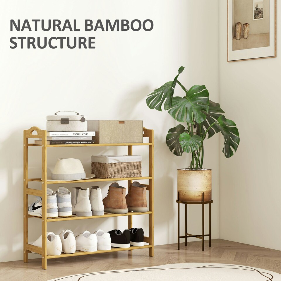 image 1 of HOMCOM 4-Tier Shoe Rack, Bamboo Shoe Shelf Stand, Natural Wood Finish Brown