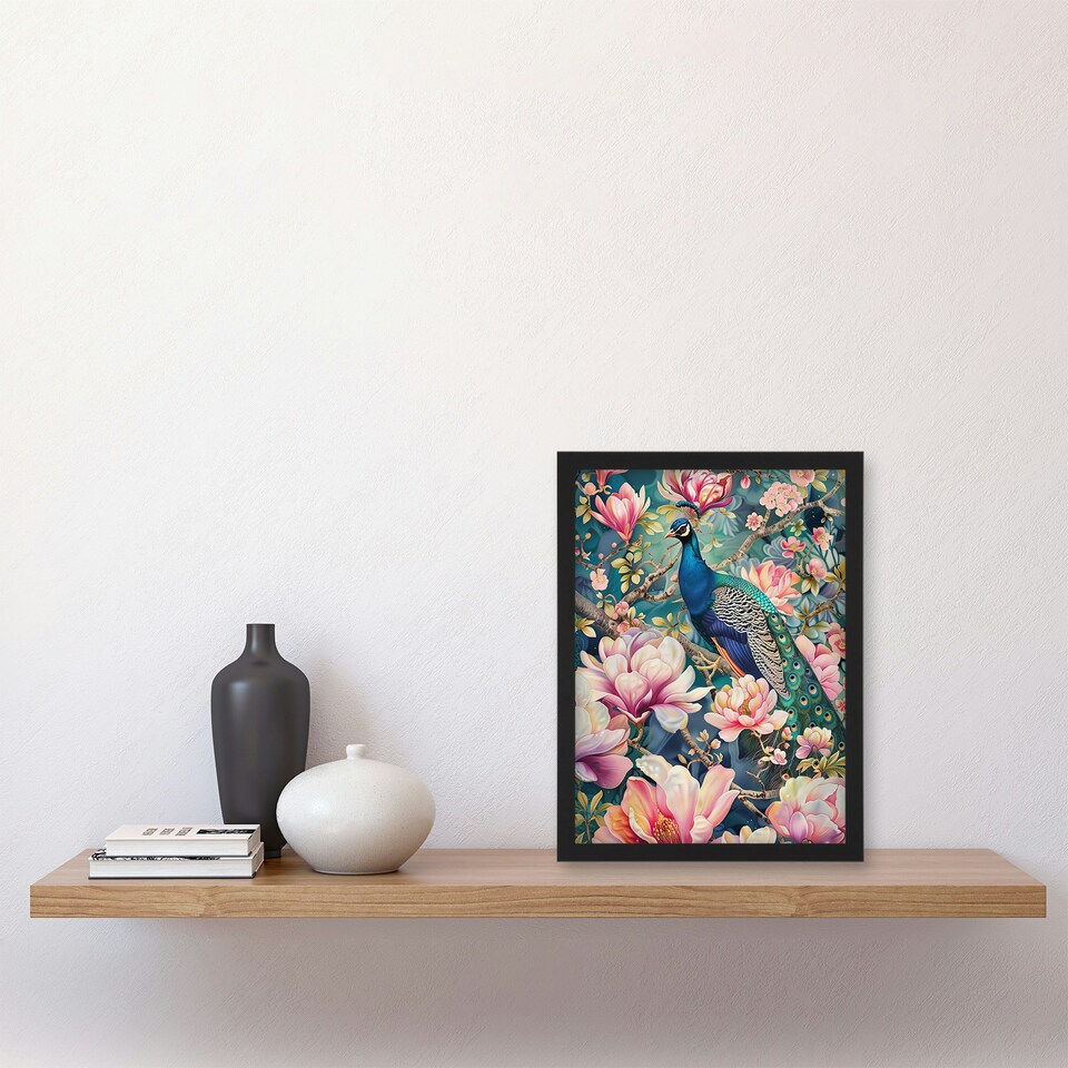 image 1 of Peacock ird Cherry Blossom Flower Tree Home Decor Black Framed Wall Art Print A4