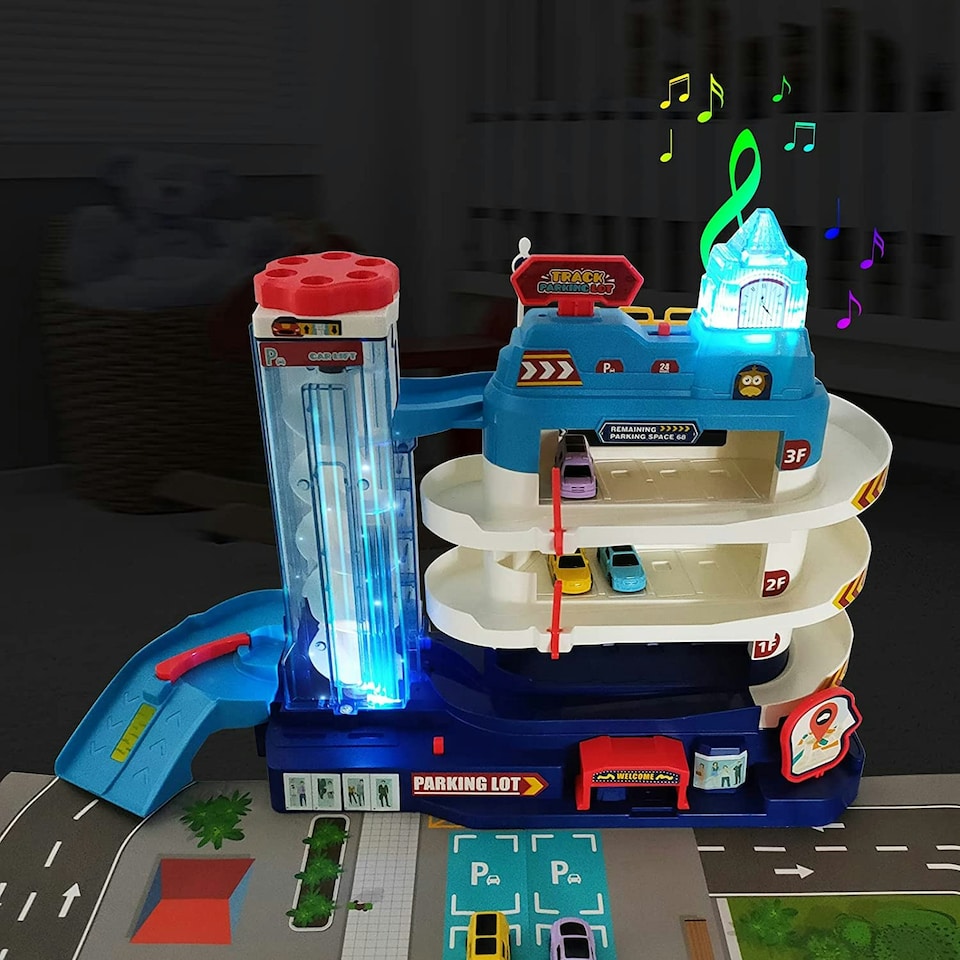 image 1 of 2-in-1 Garage Track Set with Elevator, 12 Mini Cars, Music & Lights – Kids Car Playset for Ages 3+