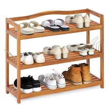 COSTWAY 3-Tier Wood Shoe Rack Solid Shoe Storage Shelf Brown