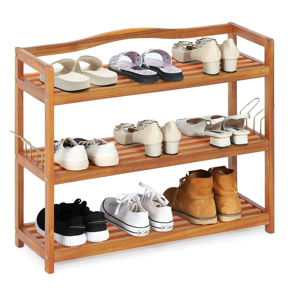 image 1 of COSTWAY 3-Tier Wood Shoe Rack Solid Shoe Storage Shelf Brown