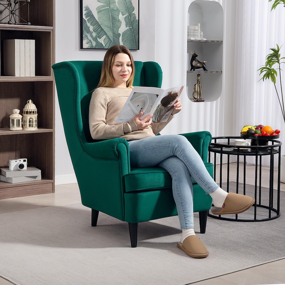 image 1 of HOMCOM Wingback Chair, Modern Accent Chair for Living Room Bedroom, Green | Green | Green