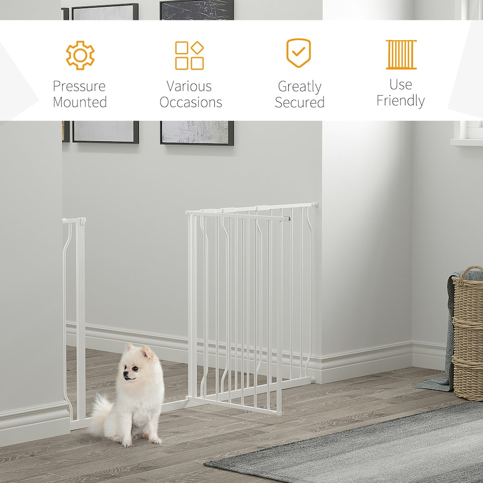 image 1 of PawHut Dog Gate Wide Stair Gate w/ Door Pressure Fit, 75-145W cm, White