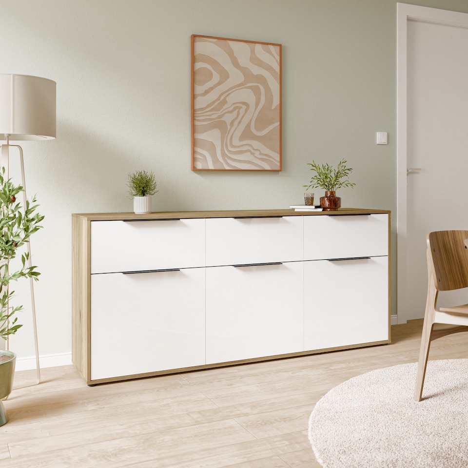 image 1 of Orkney 3 Drawer Sideboard with 3 Doors in Mauvella Oak and White Gloss