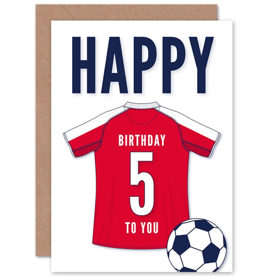 image 1 of Football Strip Kit White Red Jersey 5 Year Old Child Kids 5th Birthday Card
