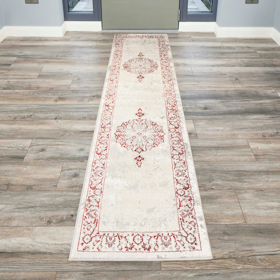 image 1 of KUKOON Silver Grey Red Distressed Traditional Medallion Runner Rug 60cm x 240cm | Grey