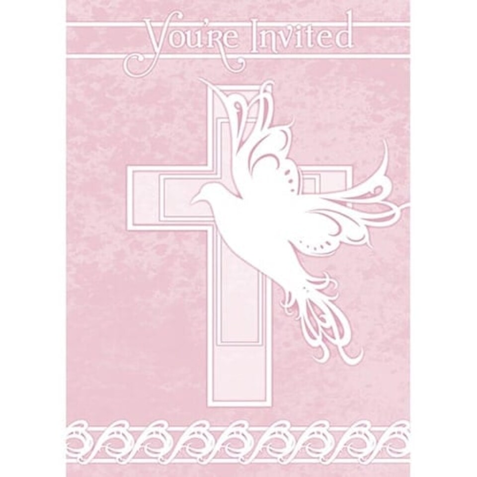 Pink Dove Cross Invitations with Envelopes - Pack of 8