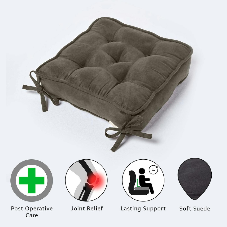 image 1 of Homescapes Grey Faux Suede Dining Chair Booster Cushion | Grey | Grey | 40cm x 40cm x 10cm (16" x 16" x 4")