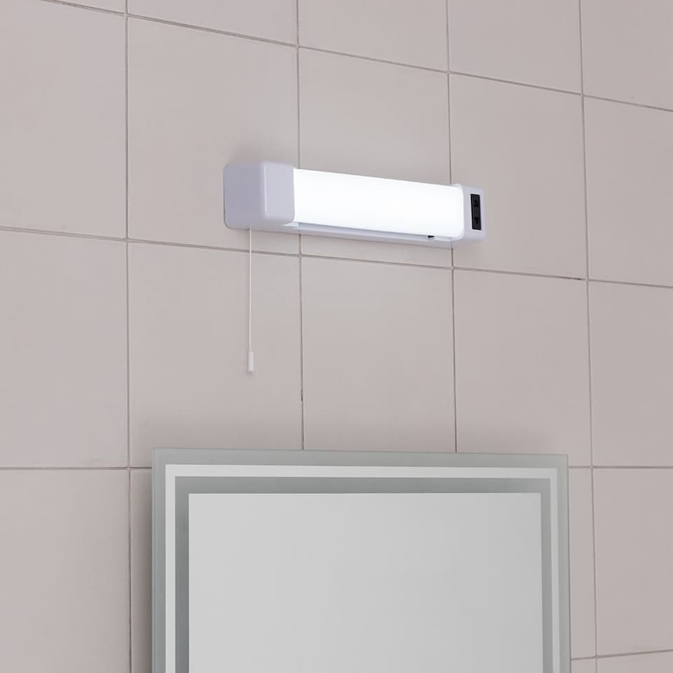 image 1 of ValueLights Horizon Matte White IP44 Rated Bathroom Shaver Pull Cord LED Wall Light | White