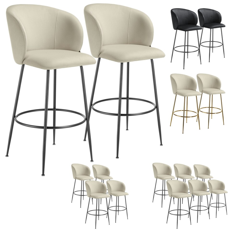 image 1 of Bar Stool Luana - with backrest, velvet look and padded - Set of 2 Cream | Gold