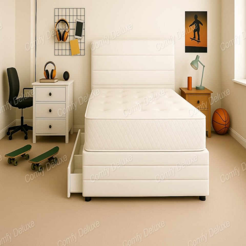 White Jin Plush Lined 4ft Small Double Divan Bed Set Headboard & Footboard - 2 Drawers Left Side Laying in Bed