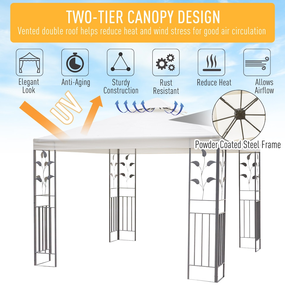 image 1 of Outsunny 3 x 3m Outdoor Steel Gazebo with 2 Tier Roof, Garden Gazebo Patio Canopy Marquee Shelter with Decorative Steel Frame  Cream