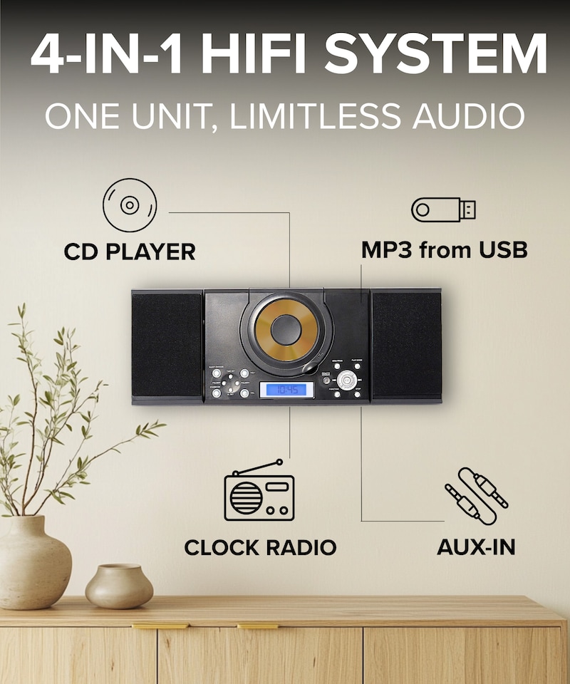image 1 of CD Player with Speakers - HiFi System for Home with Radio, USB, MP3, Clock Alarm & Remote - Compact Stereo System with Wall Mount Design - Small CD Players for Home - GTMC-101