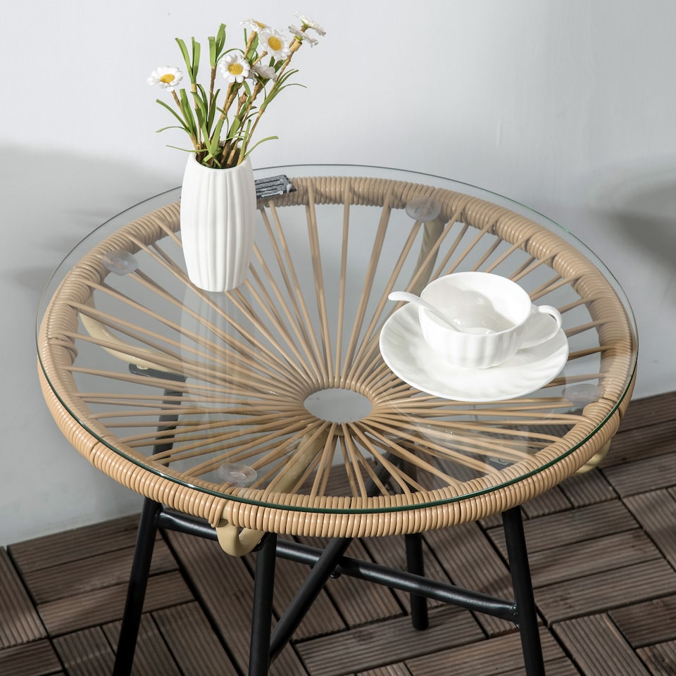 image 1 of Outsunny Rattan Side Table w/ Tempered Glass Tabletop, Beige