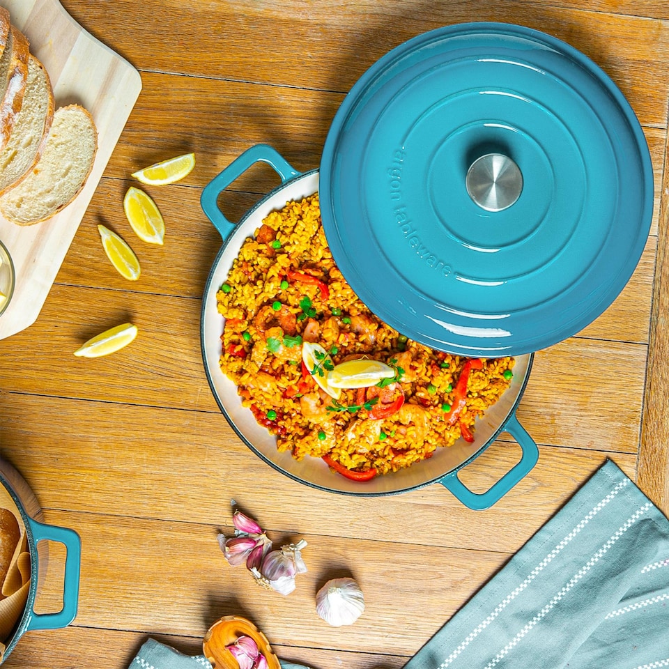 image 1 of Argon Tableware Shallow Casserole Dish - Cast Iron Enameled Dutch Oven - Self-Basting Lid - Hob to Oven - 2.3 Litre | Blue | Teal Ombre | 2