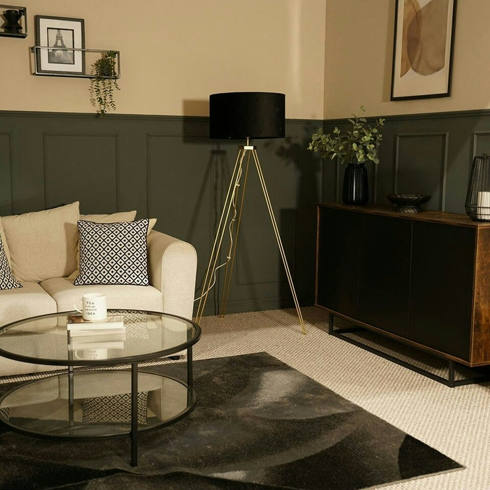 image 1 of ValueLights Aero Polished Gold Floor Lamp with Large Black Drum Shade