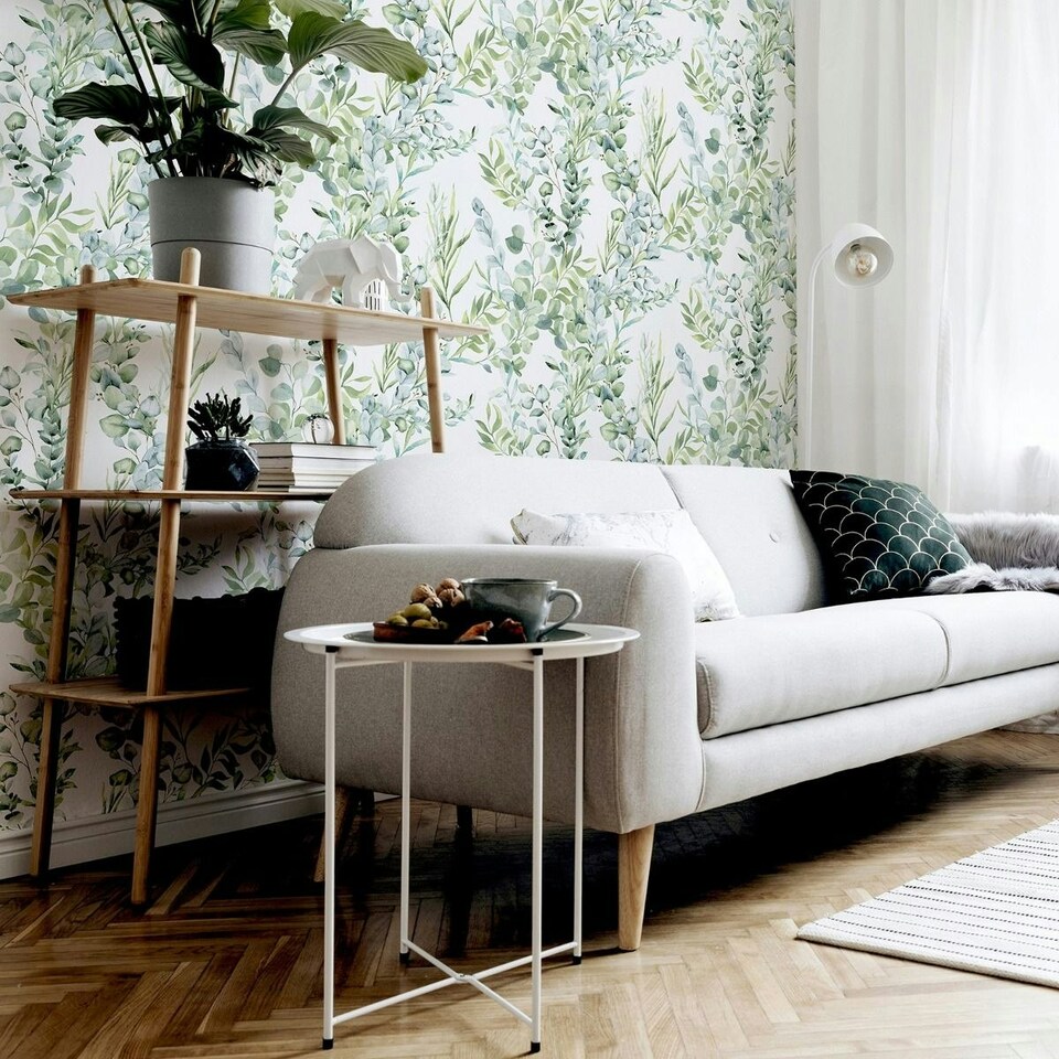 image 1 of Arthouse Tranquil Leaf Vinyl Textured Wallpaper - Green/White - 10m x 53cm Green
