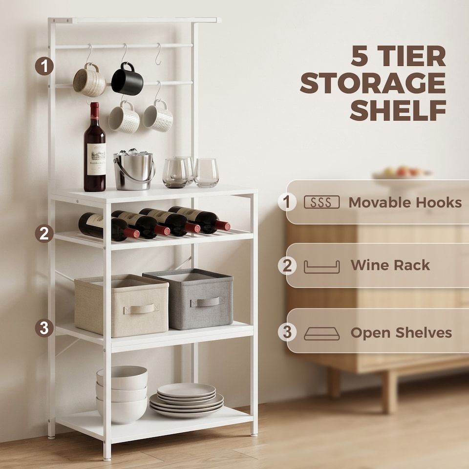 image 1 of HOMCOM Freestanding Shelving Unit with 6 Hooks and Wine Rack