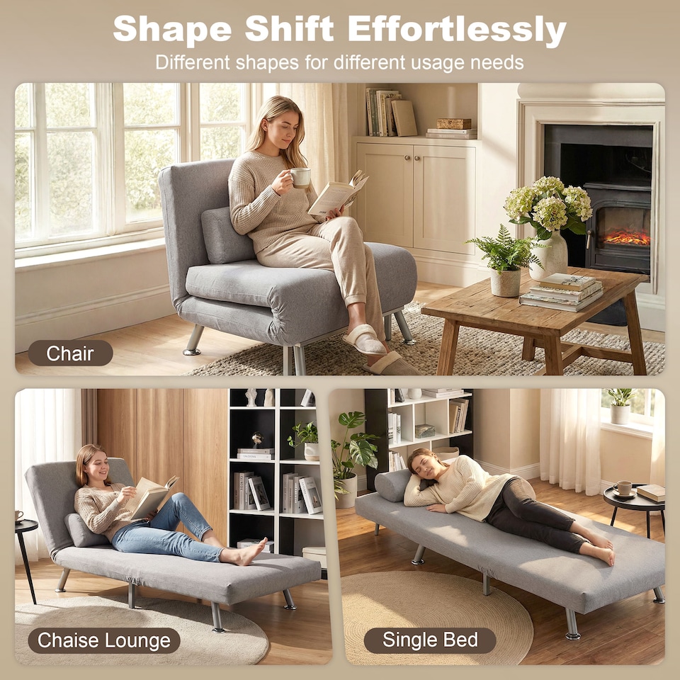image 1 of HOMCOM Folding 5 Position Convertible Sleeper Chair Sofa Bed Grey Silver